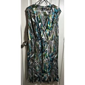 Glamour Dress Women 22W Plus Blue Geometric Shift Midi V-Neck Short Sleeve